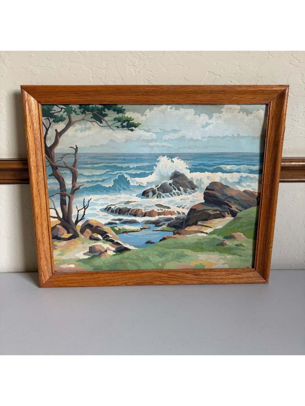 Vintage Paint by Number Lone Tree Rocks 1950s Ocean Beach Rocks Landscape Framed